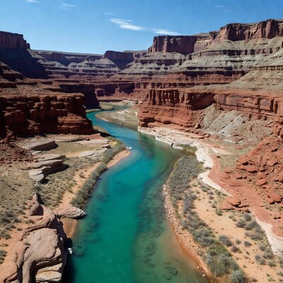 Turquoise river winding through red canyon