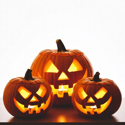 Three lit jack o lanterns