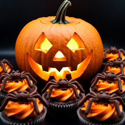 Jack O Lantern with Spider Cupcakes