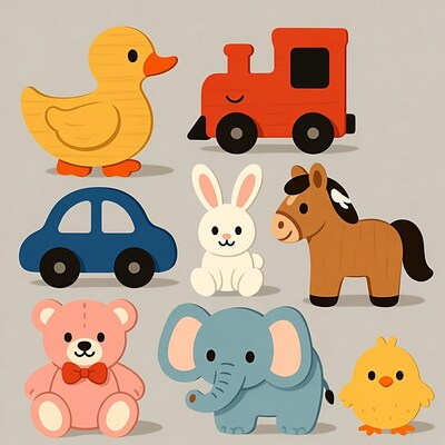 Colorful cartoon animal and vehicle toys