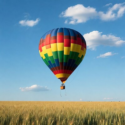 Colorful hot air balloon over field