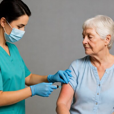Nurse giving vaccine injection to elderly woman