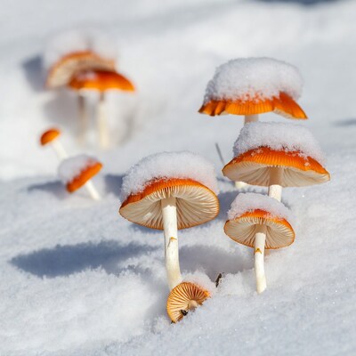 Orange mushrooms in snow