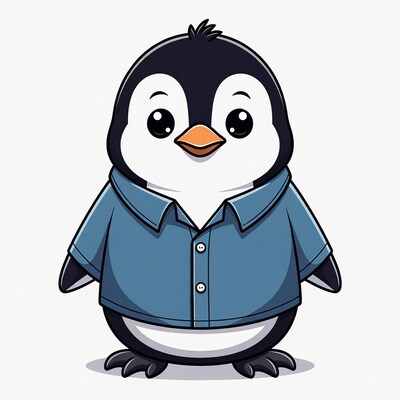 Cartoon penguin wearing blue shirt