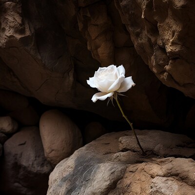 White rose in rocky cave