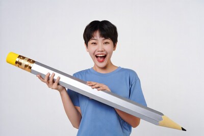 Asian woman holding giant pencil