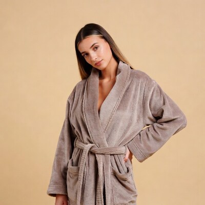 Woman in beige bathrobe
