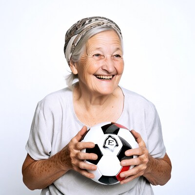 Elderly woman holding soccer ball