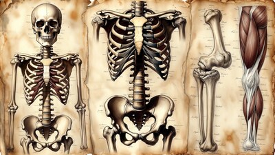 Anatomical skeleton and muscle diagrams