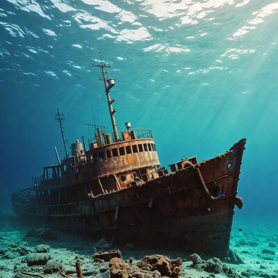 Rusty shipwreck on ocean floor