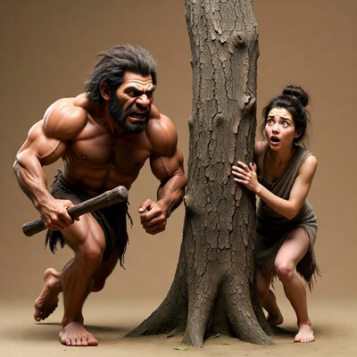 Caveman Chasing Woman Behind Tree