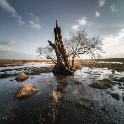 Dead tree in flooded field