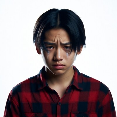 Asian boy crying with tears