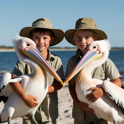Kids holding pelicans on beach