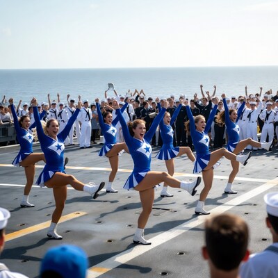 Cheerleaders performing on aircraft carrier