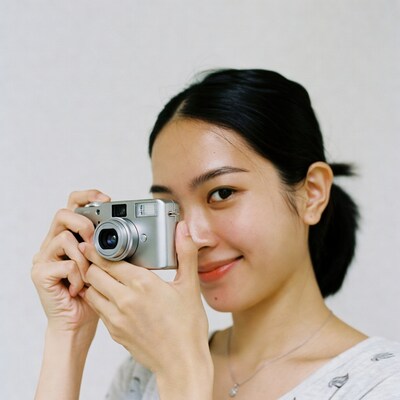 Asian woman holding silver camera