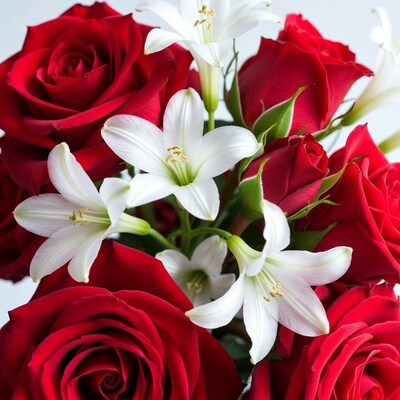 Red roses and white lilies bouquet