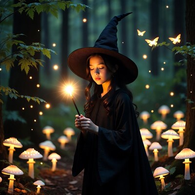 Young girl wizard holding glowing wand
