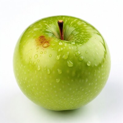 Green apple with water droplets