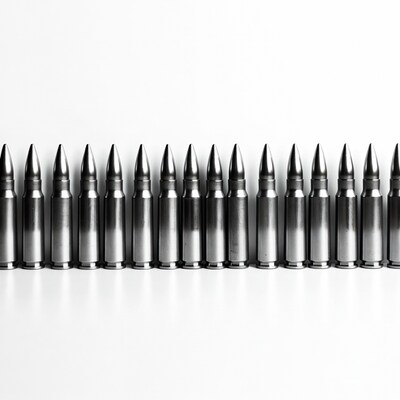 Row of metal bullets on white background