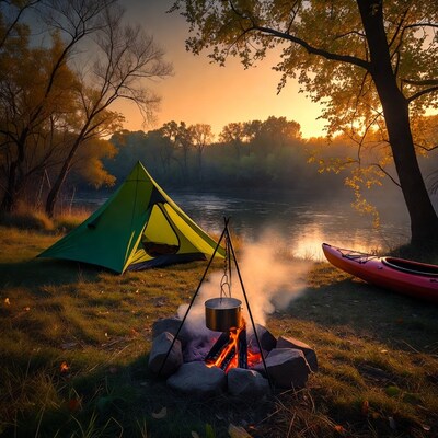 Green tent by river at sunset