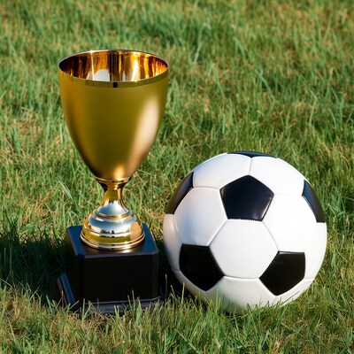 Golden soccer trophy with ball