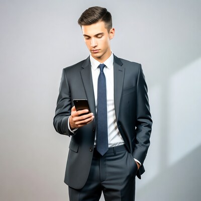 Young man in suit using smartphone