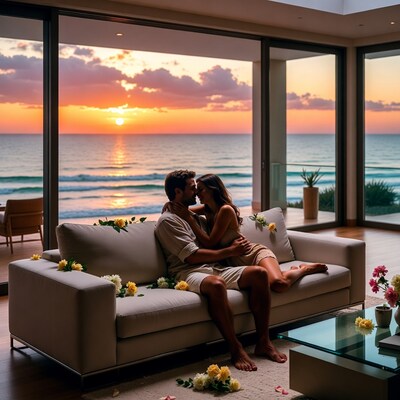 Couple embracing on couch at sunset