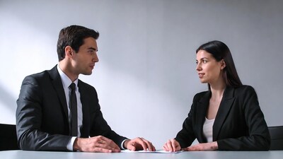 Businessman and businesswoman at meeting