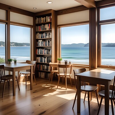 Cafe with ocean view and books