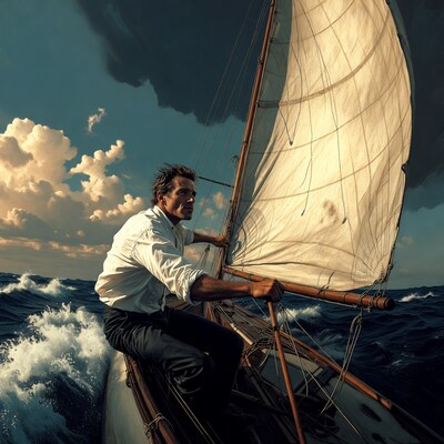 Man sailing boat on stormy sea