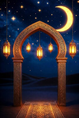 Ornate archway with lanterns under moon