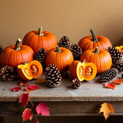 Pumpkins and pinecones on wooden table