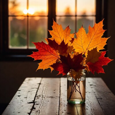 Autumn leaves in glass jar