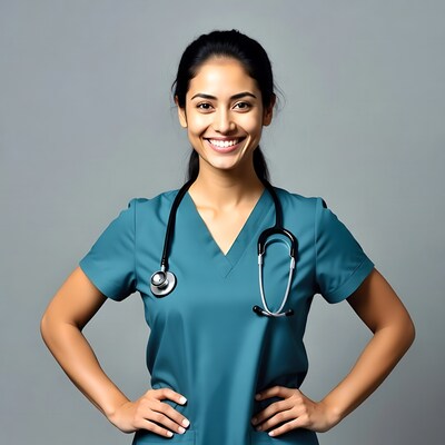 Smiling nurse in teal scrubs