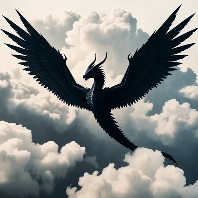 Black dragon flying through clouds