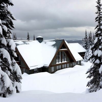 Snowy cabin in winter forest
