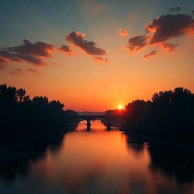 Sunset over river with bridge