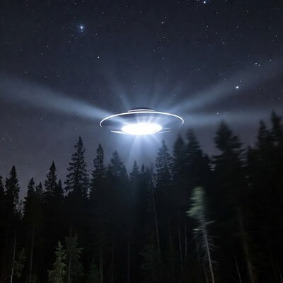 UFO hovering over forest at night