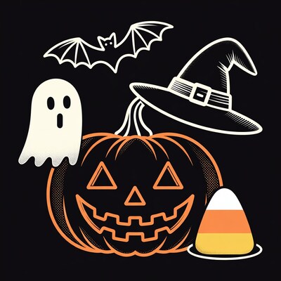 Halloween pumpkin with ghost and candy