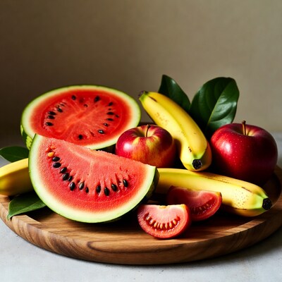 Fresh fruits on wooden tray