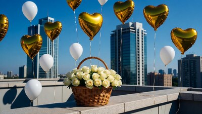 Basket of white roses with gold balloons