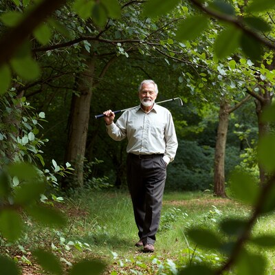 Elderly man with golf club in forest