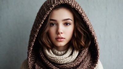 Woman in knitted winter hood
