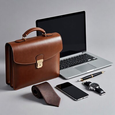 Brown leather briefcase with laptop