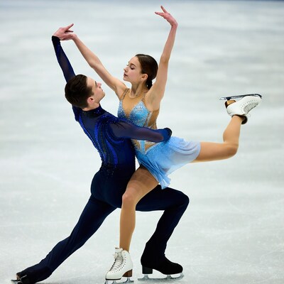 Ice skaters performing pair routine