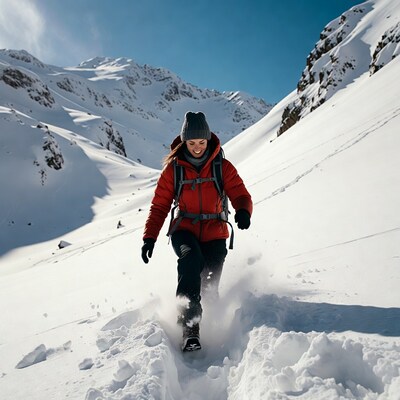 Woman hiking in snowy mountains