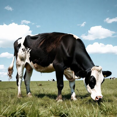 Black and white cow grazing