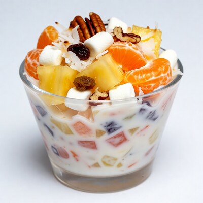 Fruit salad with yogurt and toppings