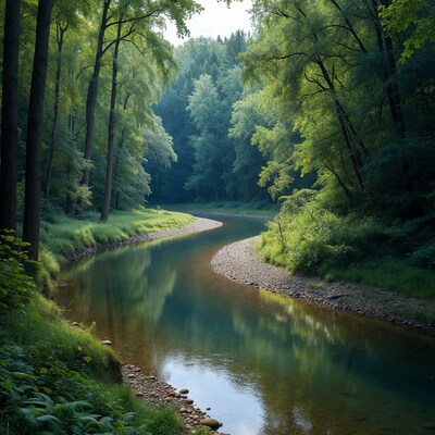 Forest river winding through trees